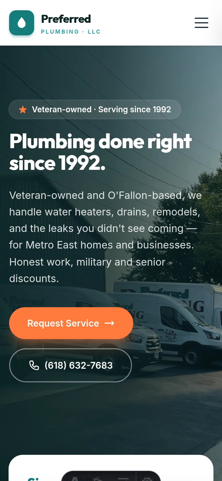 Preferred Plumbing homepage as it first loads on a phone