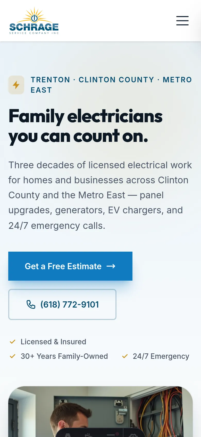 Schrage Service Co. homepage as it first loads on a phone