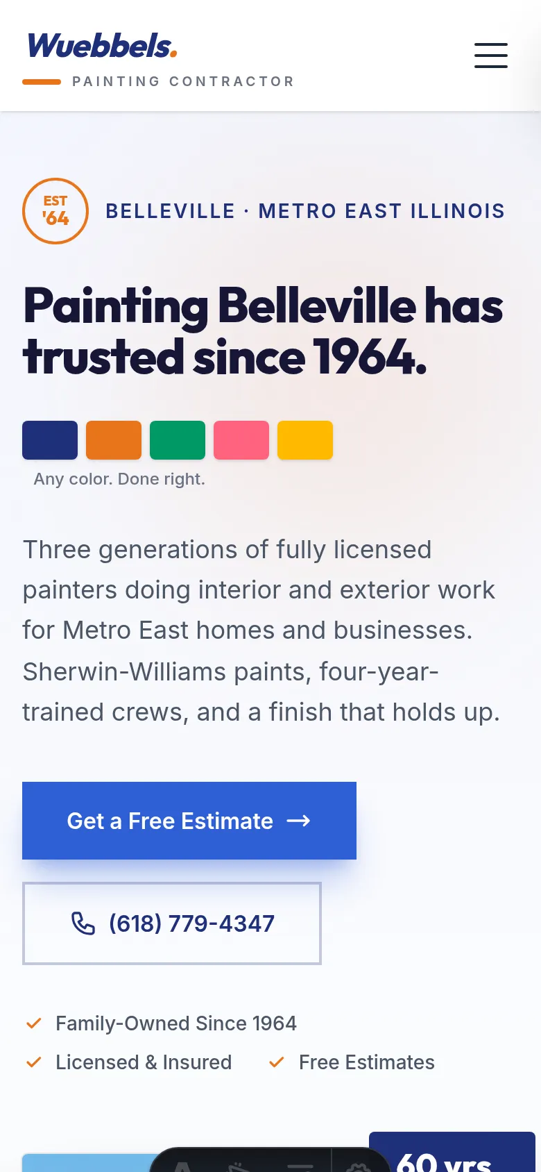 Wuebbels Painting homepage as it first loads on a phone